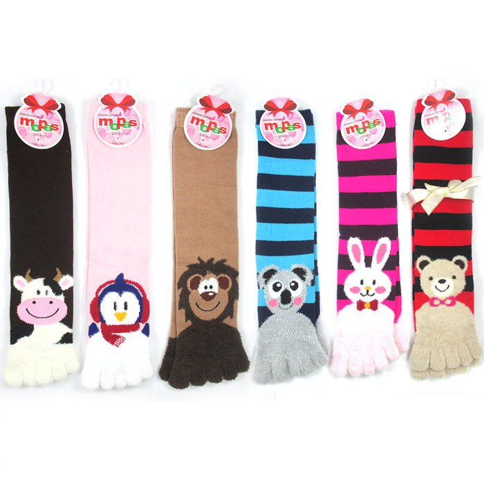 6 Pair ToeSox Calf Length Animal Womens Funny Feet Striped Toe Socks Size 9-11