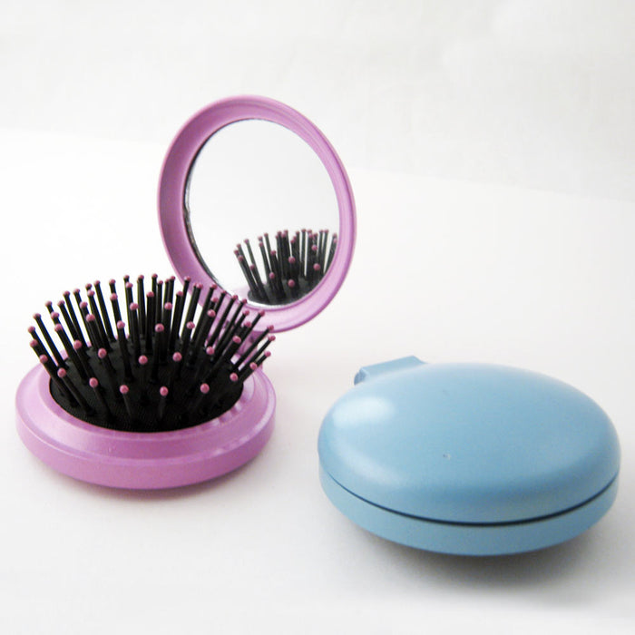 3Pc Mini Folding Hair Brush W/ Mirror Compact Pocket Size Travel Purse Bag Gifts