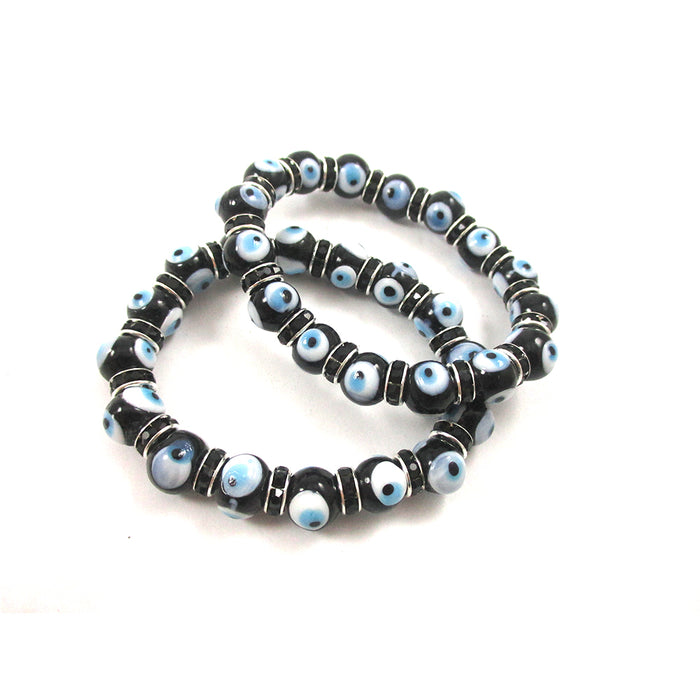 2 Bracelets Evil Lucky Eye Charm Black Glass Beads Stretch String Amulet 7mm