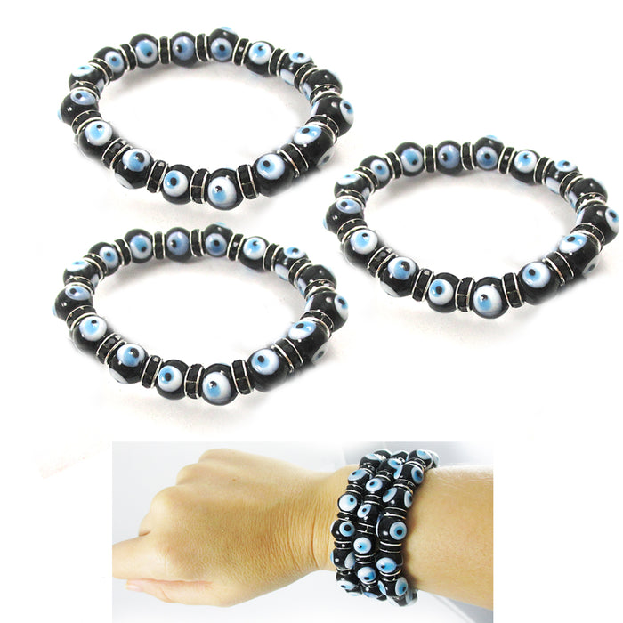 3 Pc Evil Eye Glass Bracelets Lucky Charm Hamsa Lampwork Bead 7" Crystal Jewelry