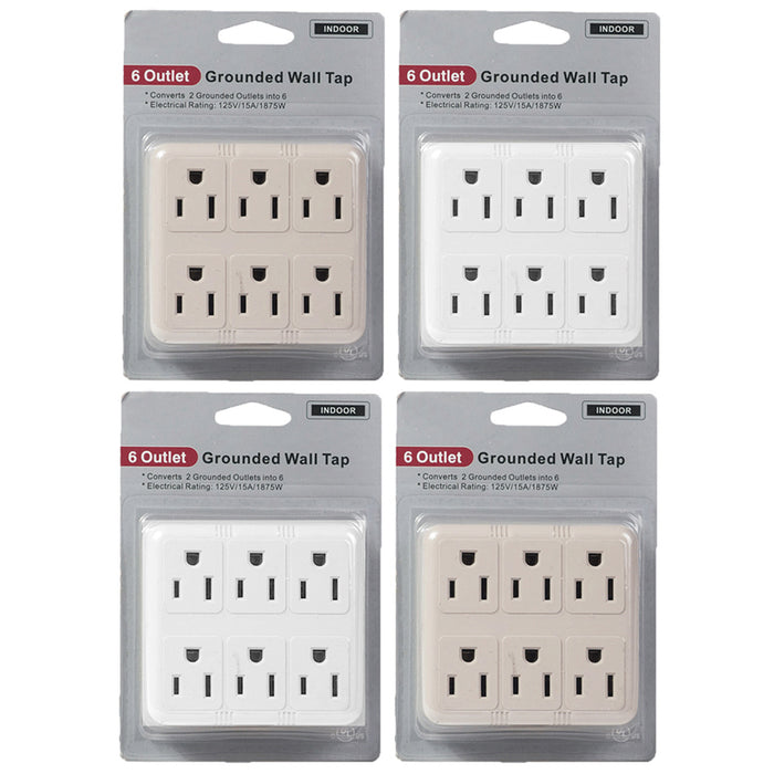 4Pk Grounded Wall Outlet Tap Charger Power Adapter Electrical 6 Way Plug AC 125V