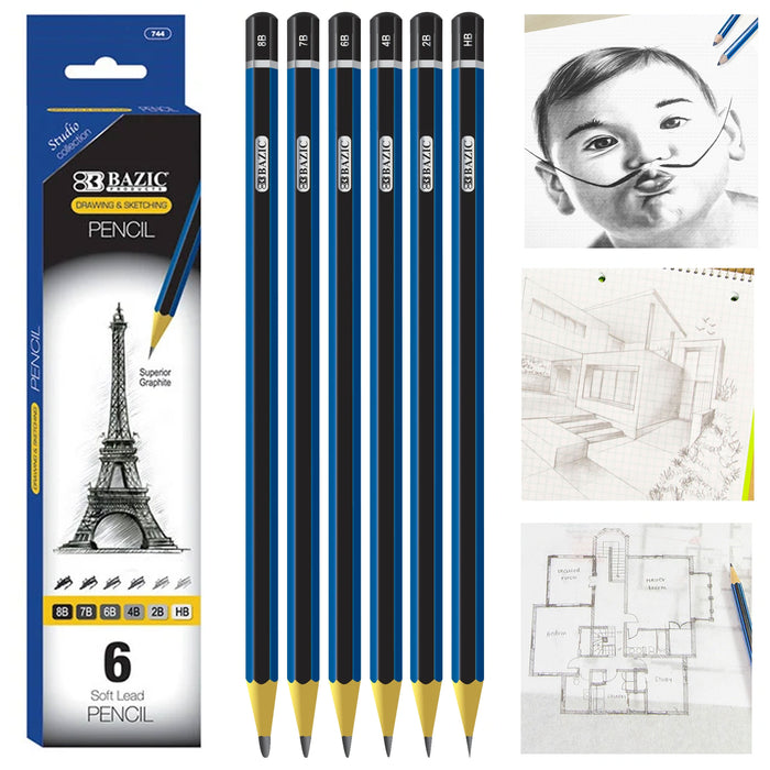 6 X Assorted Soft Lead Sketching Artist Pencils Drawing Graphite Graded 8B to HB