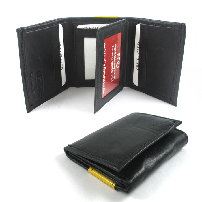 Mens Genuine Leather Trifold Wallet Slim RFID Blocking Black ID Holder Window