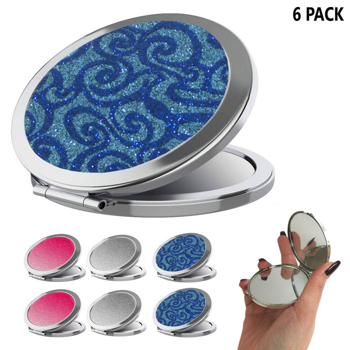 6 Pc Double Sided Compact Mirror Glitter Design Magnifying Cosmetic Travel Stand