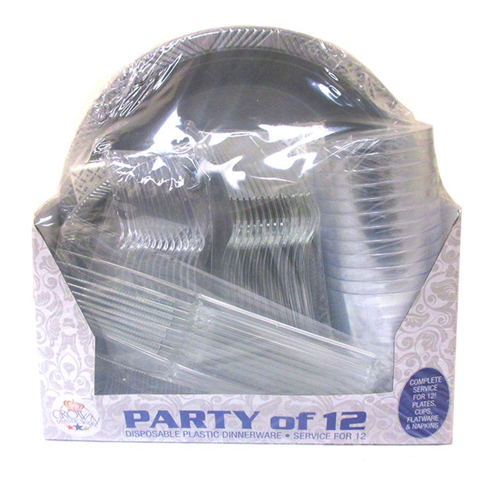 12 P Disposable Set Dinner Wedding Party Plastic Plate Fork Knife Napkin Glasses