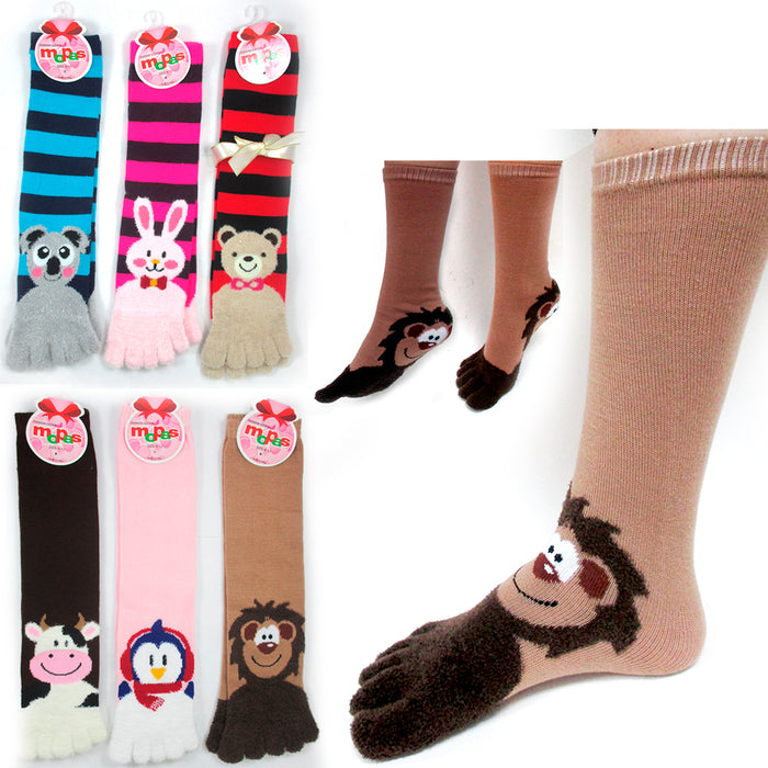 6 Pair ToeSox Calf Length Animal Womens Funny Feet Striped Toe Socks Size 9-11