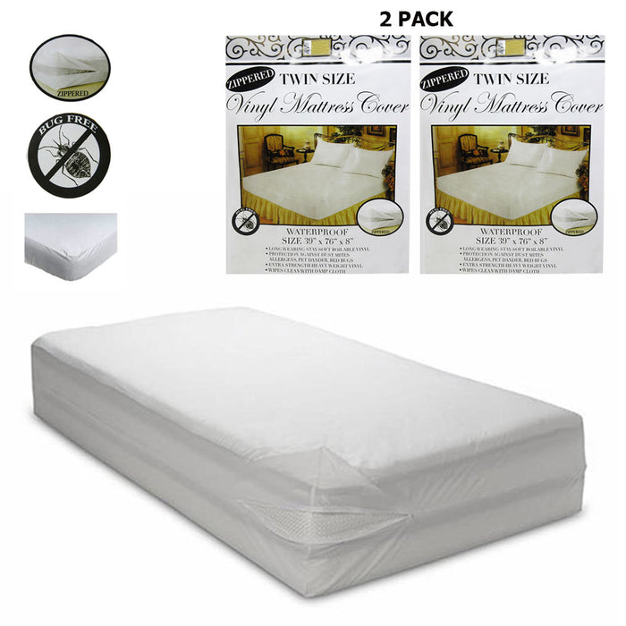 2 Twin Size Mattress Cover Vinyl Waterproof Zippered Block Allergy Bug Dust Mite