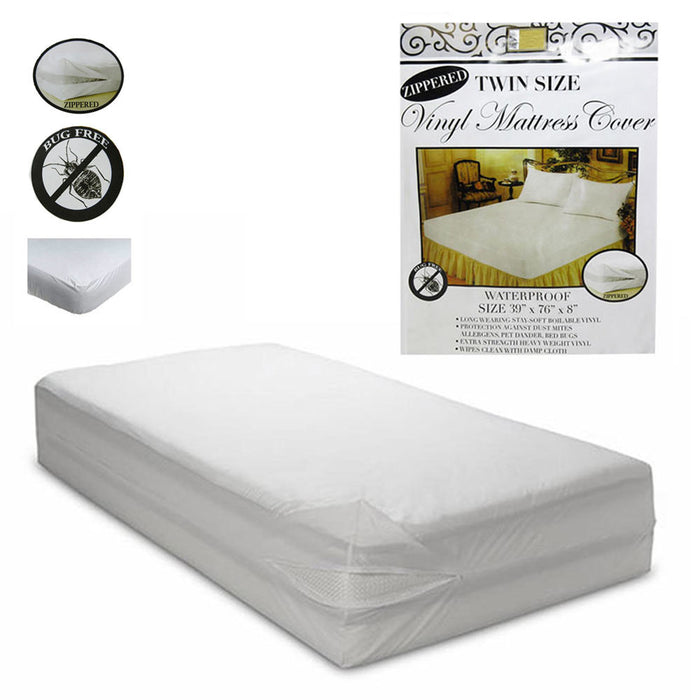 Twin Size Mattress Cover Vinyl Waterproof Zippered Blocks Allergy Bugs Dust Mite