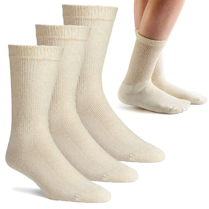 3 Pairs Diabetic Socks Seamless Crew Women Men Circulatory Non Binding 10-13 Tan