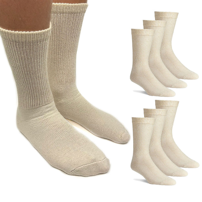 6 Pairs Diabetic Socks Men and Women Loose Fit Non-Binding Cotton Crew Tan 10-13