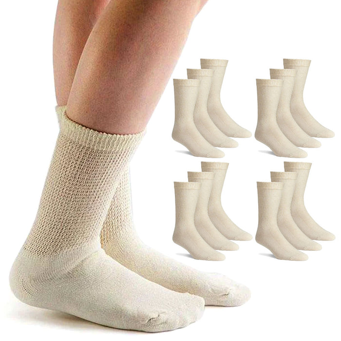 12 Pairs Women and Men Diabetic Circulatory Socks Non-Binding Support Tan 10-13