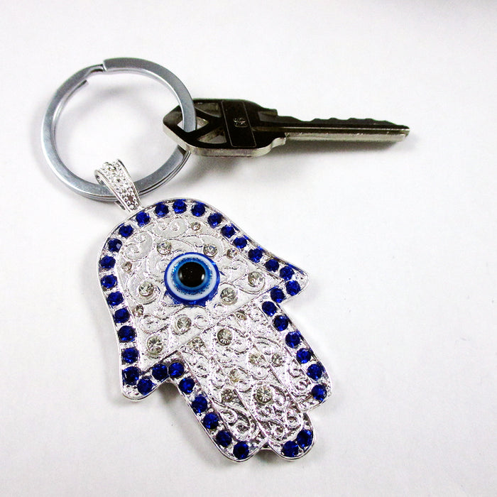 Blue Evil Eye + Silver Hamsa Fatima Hand Keychains Protection Good Luck Gift Set