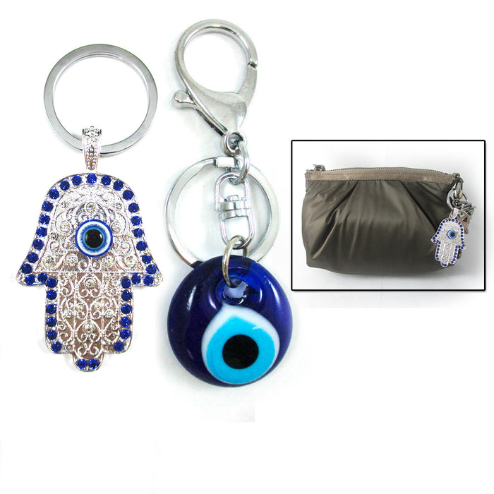 Blue Evil Eye + Silver Hamsa Fatima Hand Keychains Protection Good Luck Gift Set