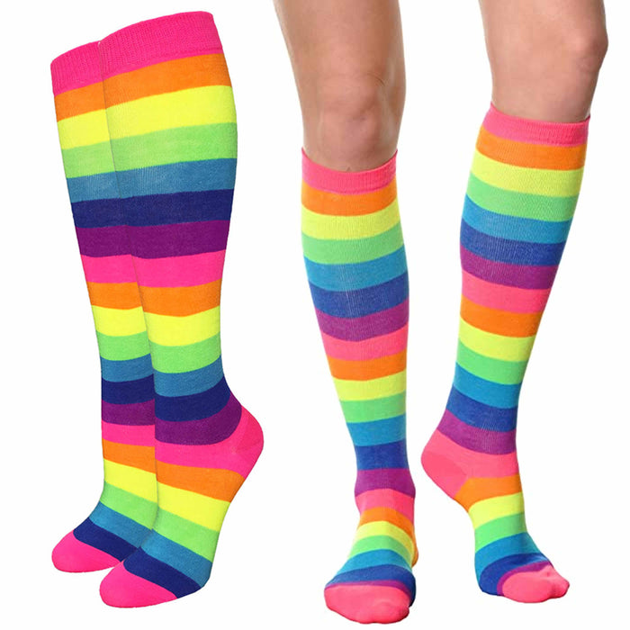 Women's Stripes Thin Tube Socks Knee High Tights Casual Stockings Neon Size 9-11