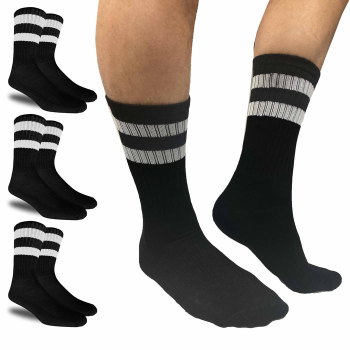 3 Pairs Men Athletic Socks Stripe Tube Crew Calf Retro Sport Black One Size 17"L