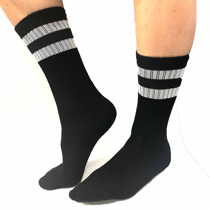 3 Pairs Men Athletic Socks Stripe Tube Crew Calf Retro Sport Black One Size 17"L