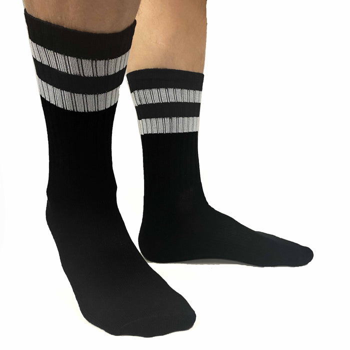 6 Pairs Men Black Socks Stripe Sports Athletic Cushion Work Crew Cotton One Size