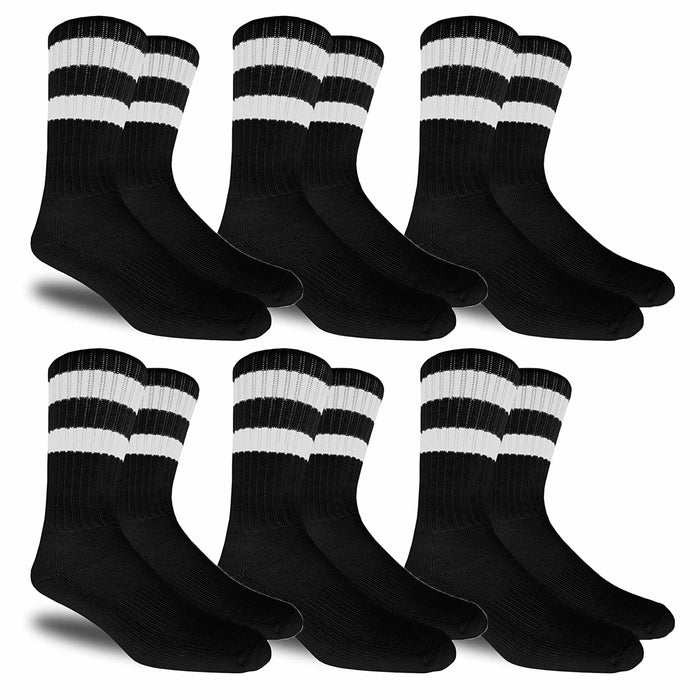 6 Pairs Men Black Socks Stripe Sports Athletic Cushion Work Crew Cotton One Size