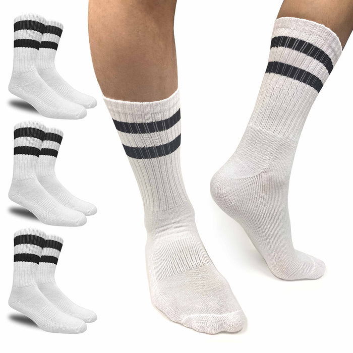 3 Pairs Men Stripe Tube Crew Socks Calf Retro Sport Athletic White One Size 17"L