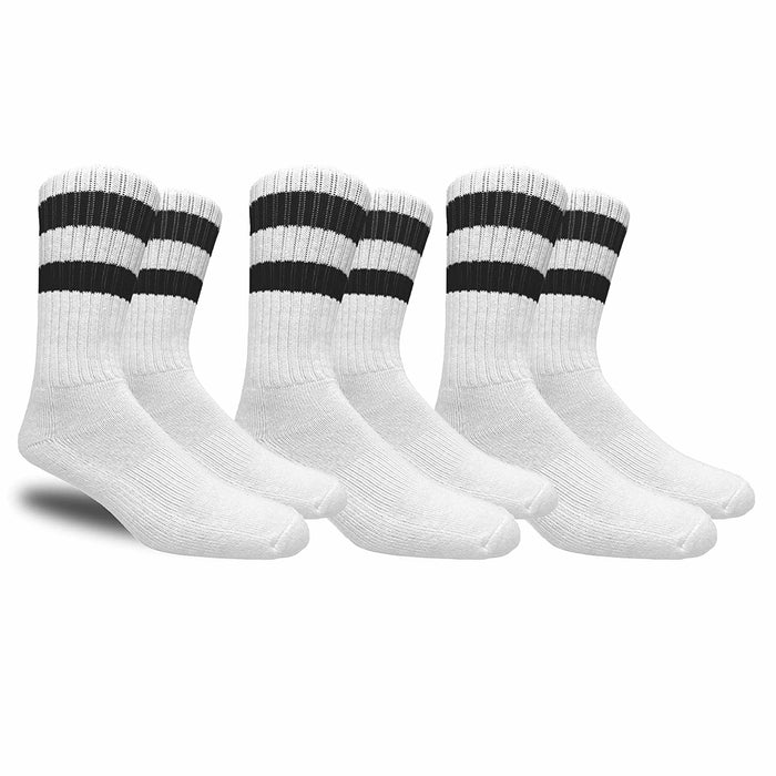 3 Pairs Men Stripe Tube Crew Socks Calf Retro Sport Athletic White One Size 17"L