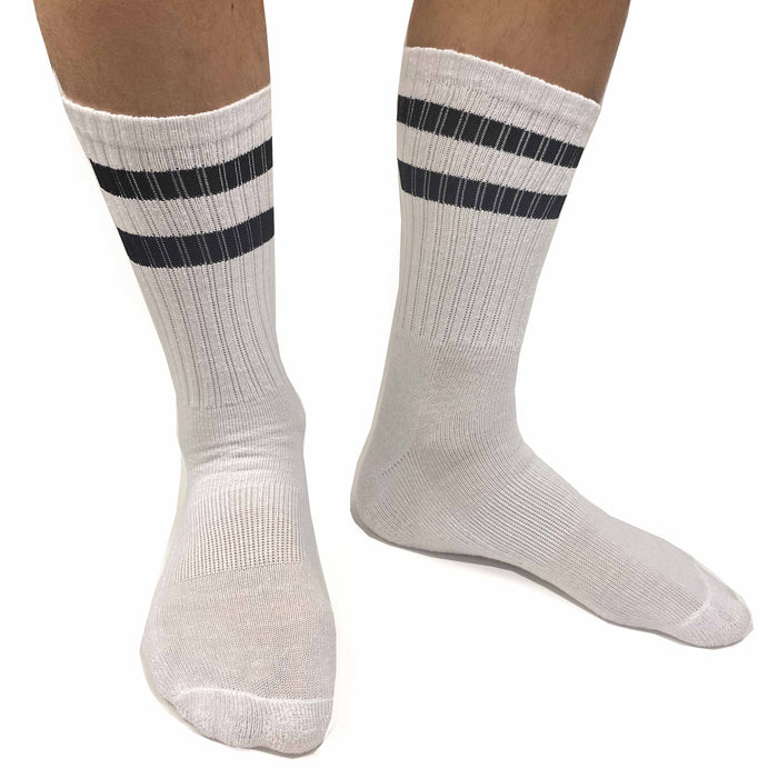 3 Pairs Men Stripe Tube Crew Socks Calf Retro Sport Athletic White One Size 17"L