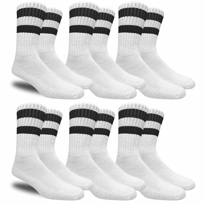 6 Pairs Men's Sports Socks Crew Stripe Tube Calf White Athletic Cushion One Size