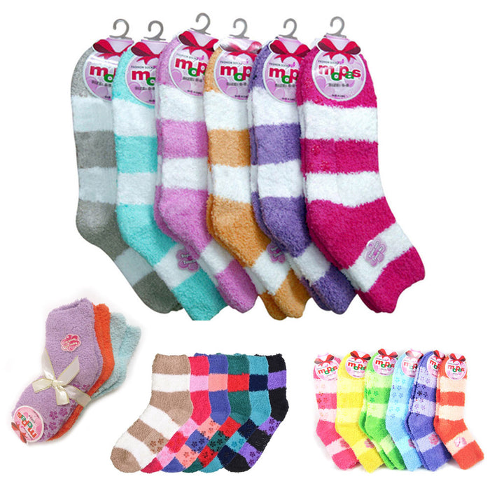 6 Pairs Fuzzy Plush Soft Socks Non Skid Strip Warm Hospital Home Slippers 9-11