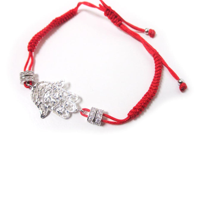 Hamsa Bracelet 925 Sterling Silver Lucky Eye Red Macrame Cz Crystals Kabbalah