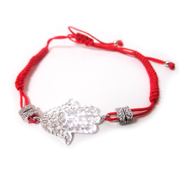 Hamsa Bracelet 925 Sterling Silver Lucky Eye Red Macrame Cz Crystals Kabbalah