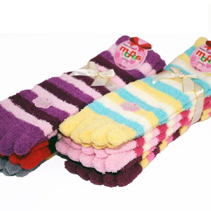 3 Pairs Lot Fuzzy Toe Socks Soft Striped Womens Thong Flip Flop Wholesale 9-11