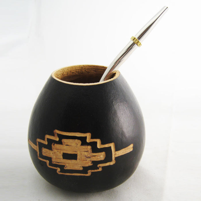 PAMPA ARGENTINA CROSS CARVED GOURD MATE FOR YERBA OR TEA WITH STRAW BOMBILLA NATURAL 6594 ships from USA