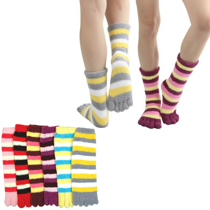 6 Pairs Assorted Stripes Winter Soft Warm Toe Socks Size 9-11 Cozy Womens Girls