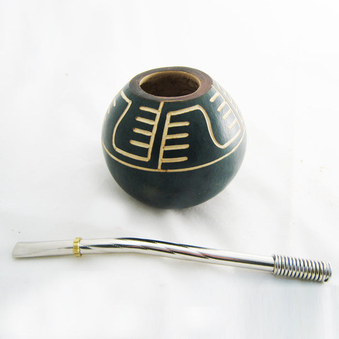 Carved Mate Gourd Yerba Tea With Bombilla Straw Handmade Artisan Design Green