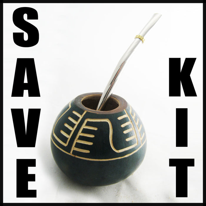 Carved Mate Gourd Yerba Tea With Bombilla Straw Handmade Artisan Design Green