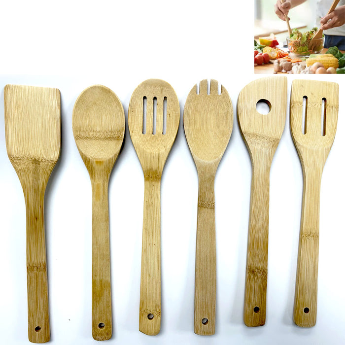 6 pcs Bamboo Kitchen Cooking Utensils Spatula Spoon Fork Set Wooden Tool Handles