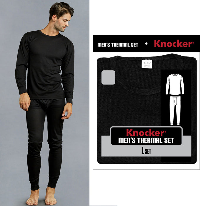 Knocker Mens Pajamas Thermal Underwear Set Long Sleeve Top Pants Sleep Black 3XL