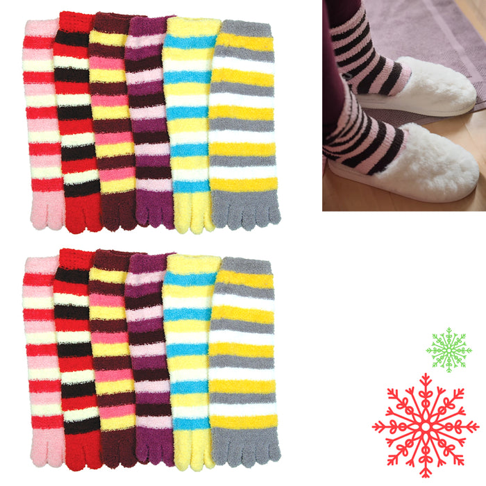 12 Pair Fuzzy Toe Socks Ultra Soft Warm Plush Striped Womens Girls Size 9-11 New