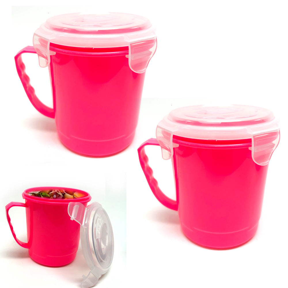 2 Pc 940mL Microwaveable Plastic Food Container Bowl Lunch Soup Handle with  Lid, Red,Variable