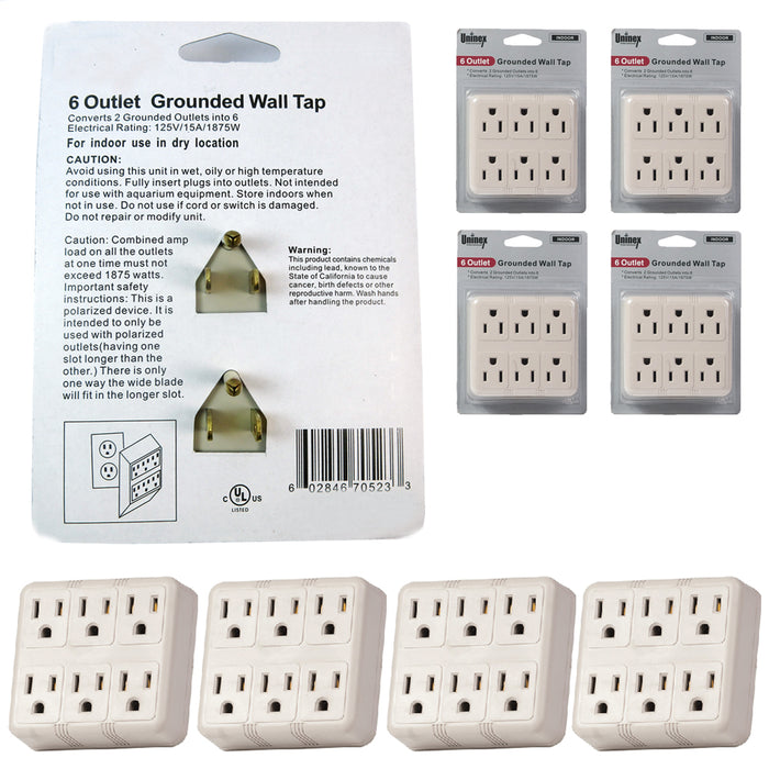 4Pk Grounded Wall Outlet Tap Charger Power Adapter Electrical 6 Way Plug AC 125V