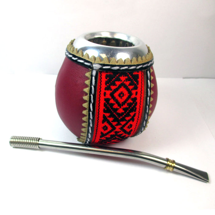 PAMPAS MATE WITH CROSS IS LINED IN LEATHER MATE GOURD WITH STRAW KIT DRINK 3259R