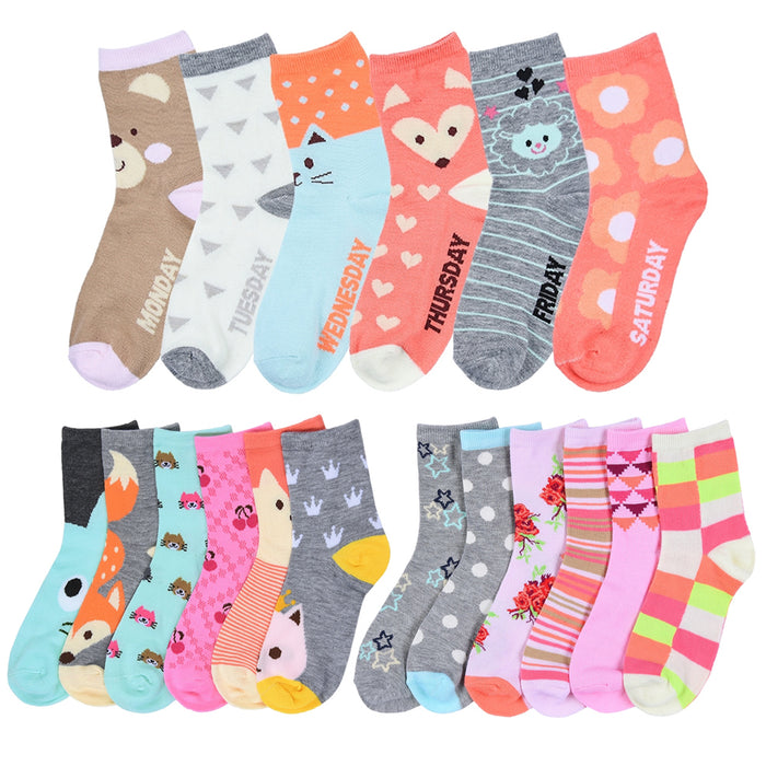 12 Pair Girls Socks Size 6-8 Crew Low Cut Quarter Kids Novelty Assorted Designs