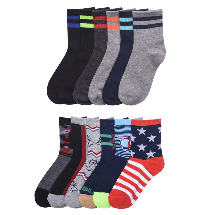 3 Pairs Kids Boys Design Crew Socks Size Age 6-8 Toddler Casual Sport Comfort US