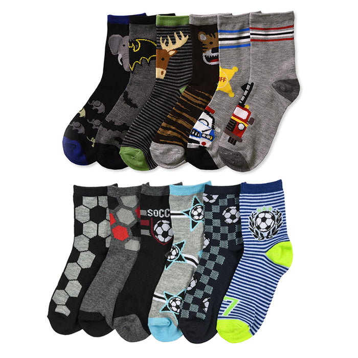 6 Pair Boys Crew Socks Kids Shoe Size 4-6 Years Cartoon Patterned Design School