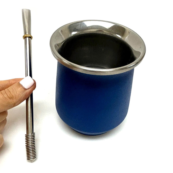 Blue Argentinean Yerba Mate Cup Gourd Stainless Steel Bombilla Straw Double Wall