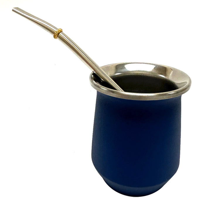 Blue Argentinean Yerba Mate Cup Gourd Stainless Steel Bombilla Straw Double Wall