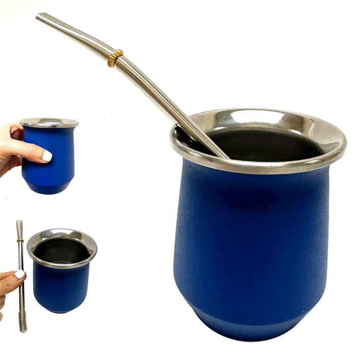 Blue Argentinean Yerba Mate Cup Gourd Stainless Steel Bombilla Straw Double Wall