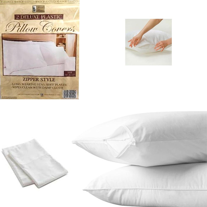 2 White Hotel Pillow Plastic Cover Case Waterproof Zipper Protector Bed 21"X27"