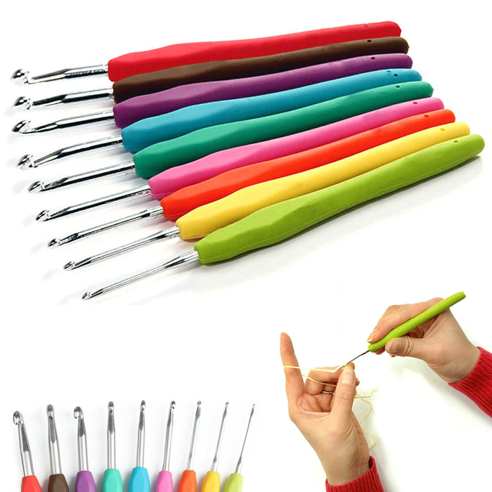 9 Pc Aluminum Crochet Hooks Needles Set Non Slip Rubber Handle Craft Knitting