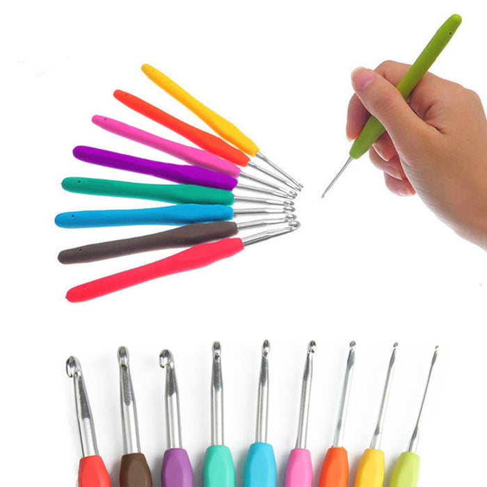 9 Pc Aluminum Crochet Hooks Needles Set Non Slip Rubber Handle Craft Knitting