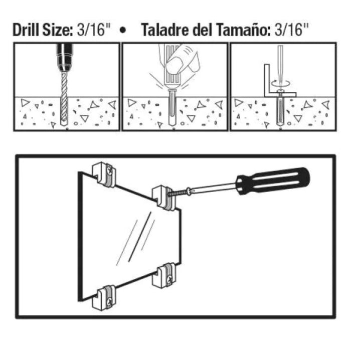 8 Transparent Mirror Clips Wall Mounting Set Clear Brackets Screws Anchors 1/4"